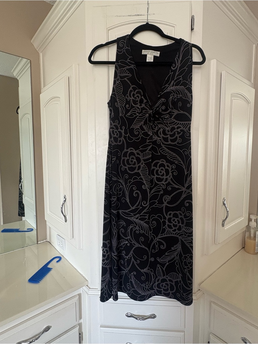 Maggy London Black Midi Dress with Light WhiteFloral Swirl Print